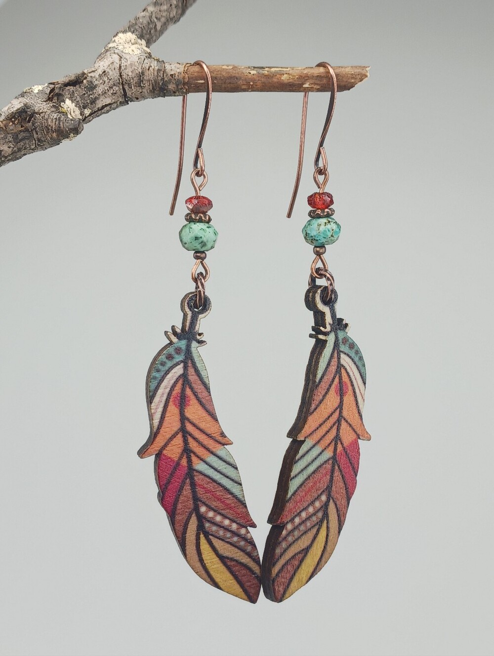 Painted Wood Feather Earrings African Turquoise Jasper Copper Artisan - Picture 4 of 7